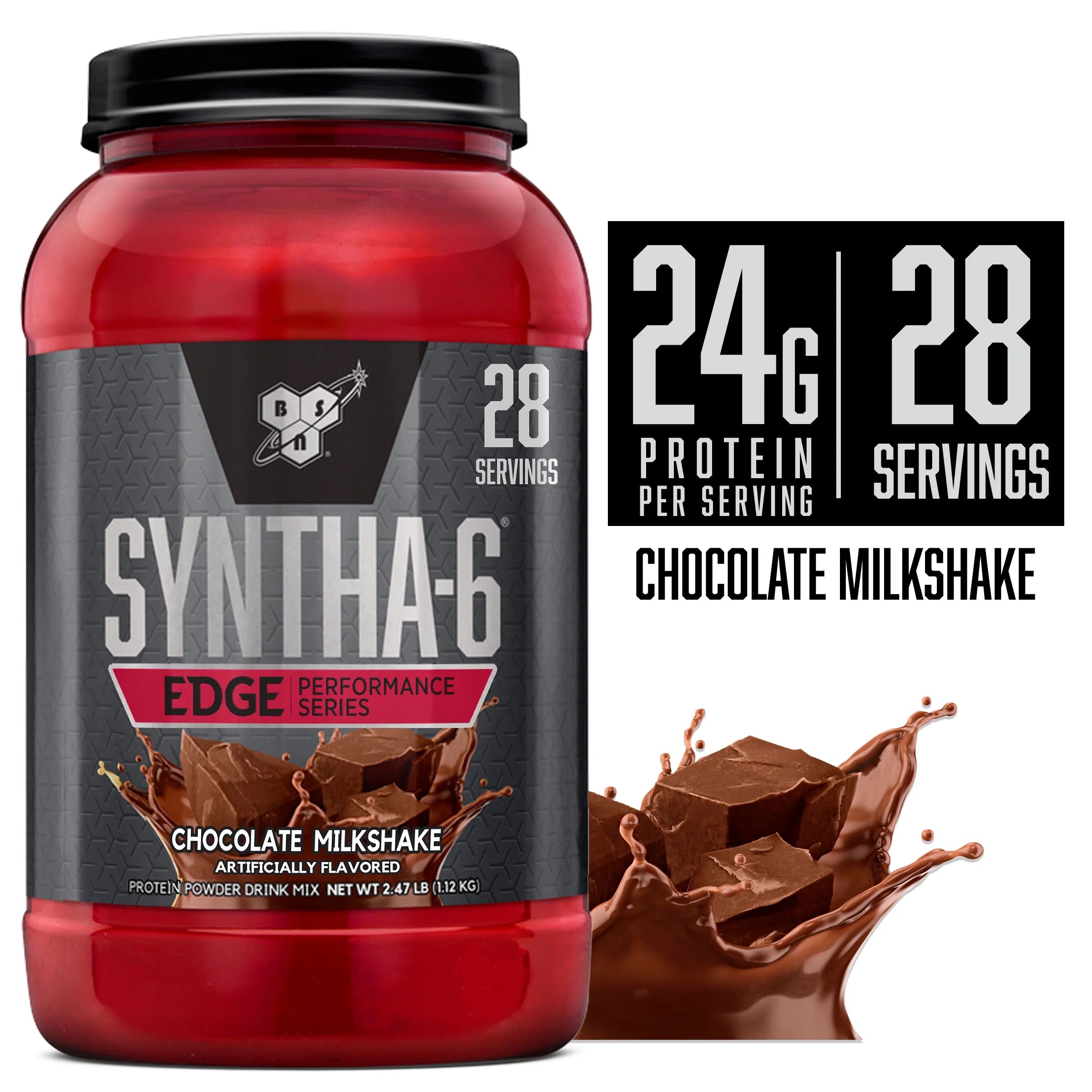 SYNTHA-6 Edge Protein Powder, Chocolate Protein Powder with Hydrolyzed Whey, Micellar Casein, Milk Protein Isolate, Low Sugar, 24G Protein, Chocolate Milkshake, 28 Servings