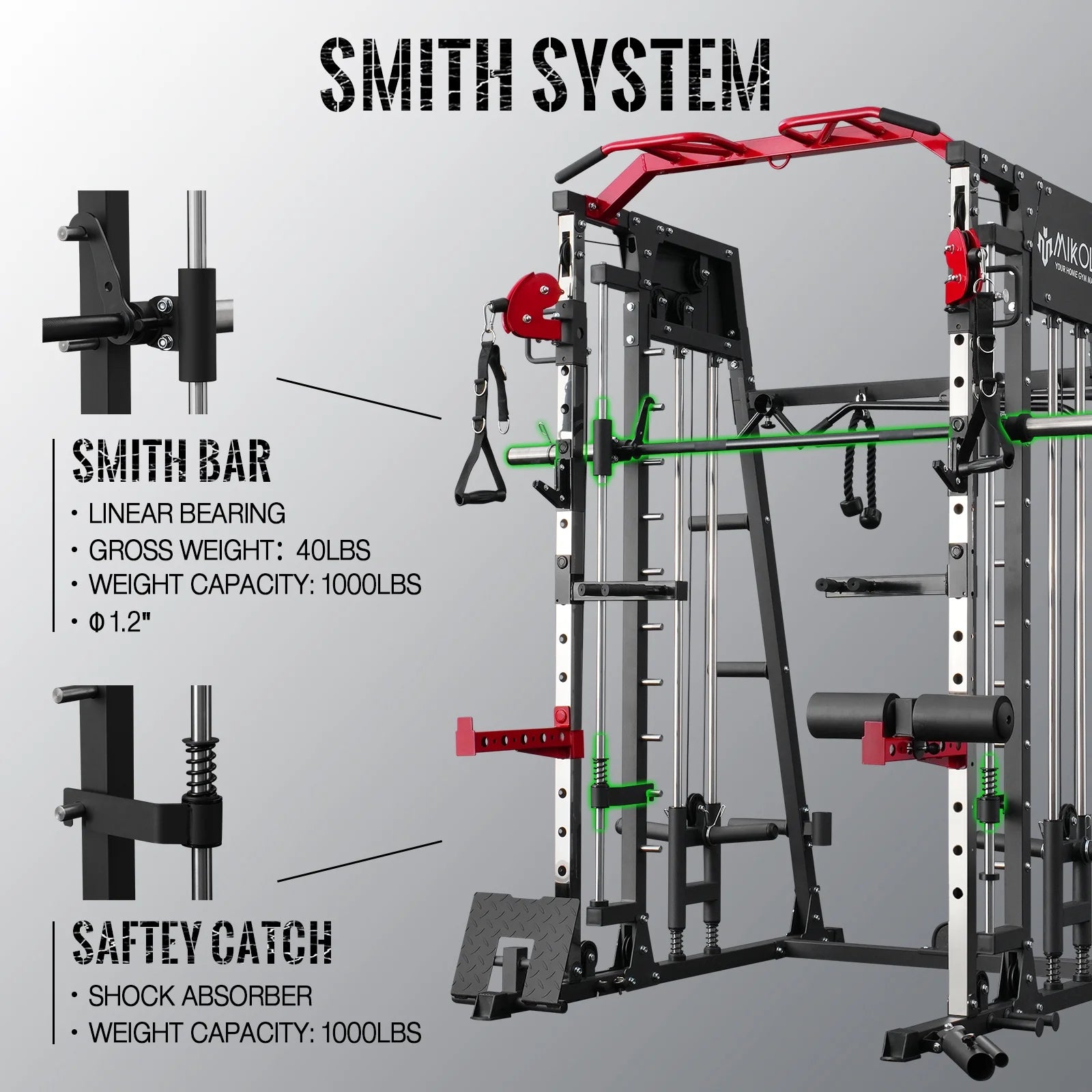 Smith Machine Home Gym, 2200 Lbs Power Rack Cage with Cable Crossover, Weight Bar, 360° Landmine, Barbell Holders and Other Attachments, Total Body Strength Training Cage
